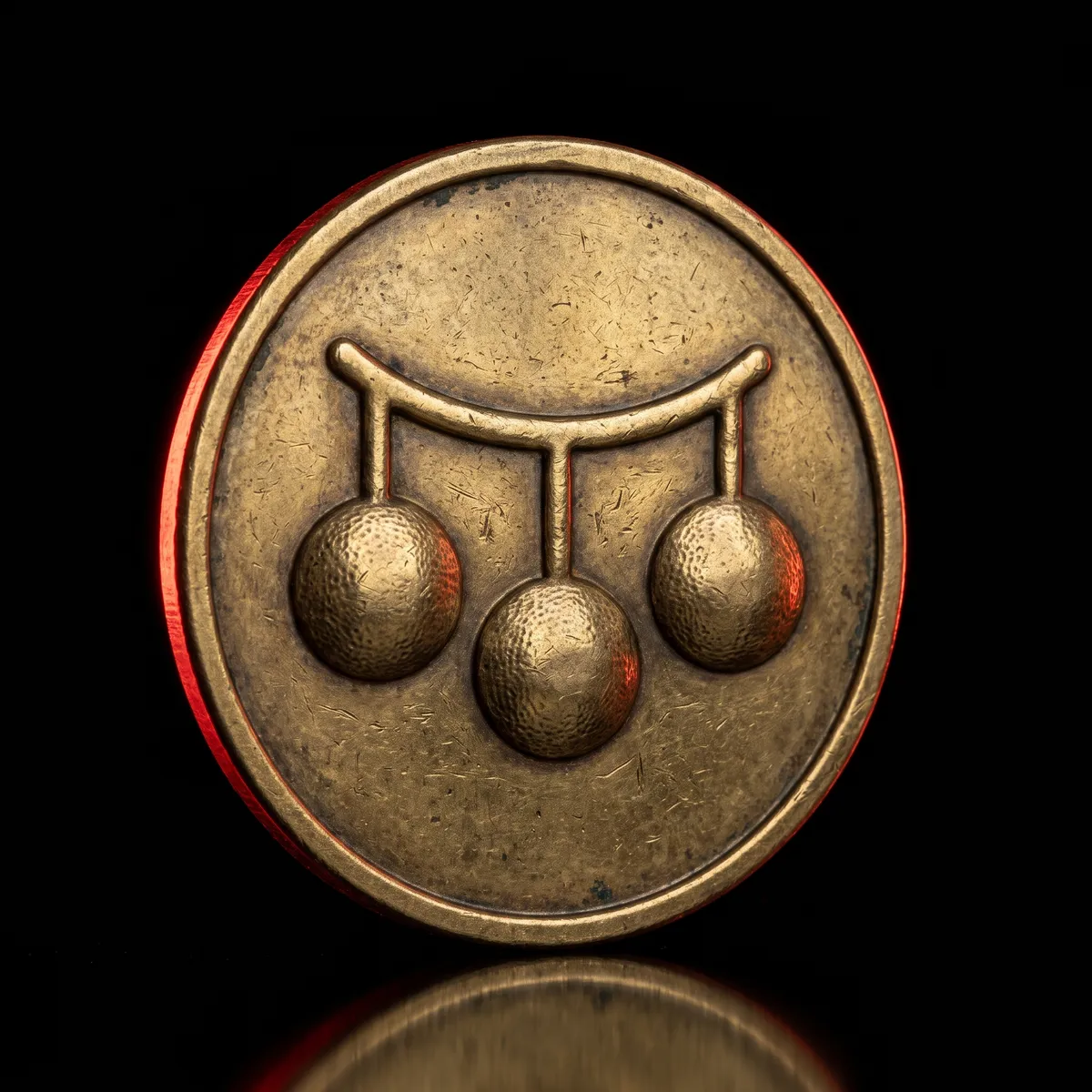 A brass coin embossed with the three-ball pawn symbol