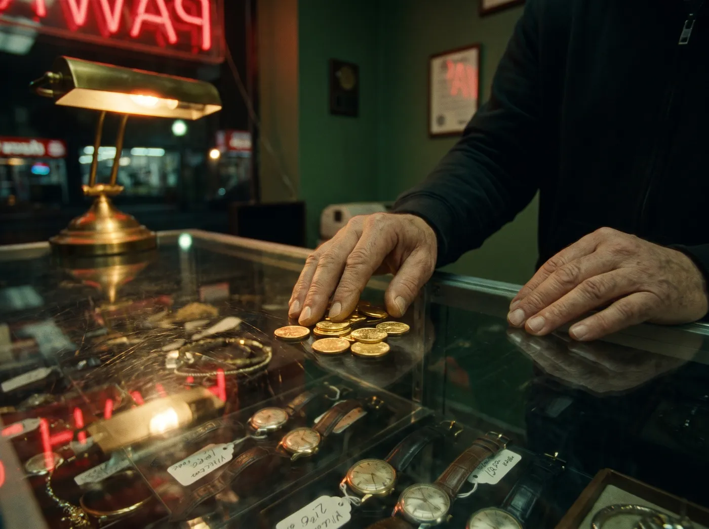 Hands sliding a stack of gold coins across a pawn shop counter