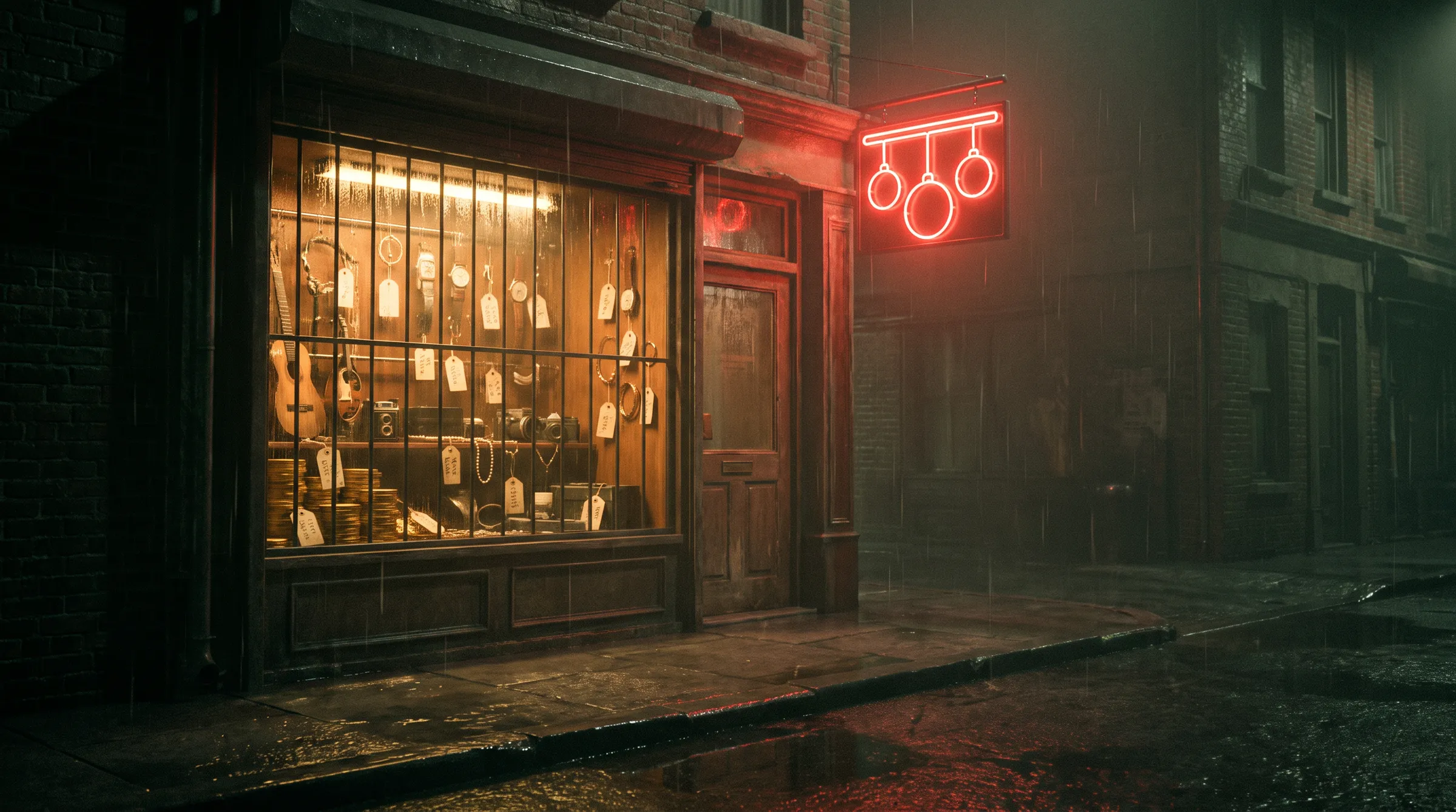 A pawn shop at night with a red neon three-ball sign over a rainy street
