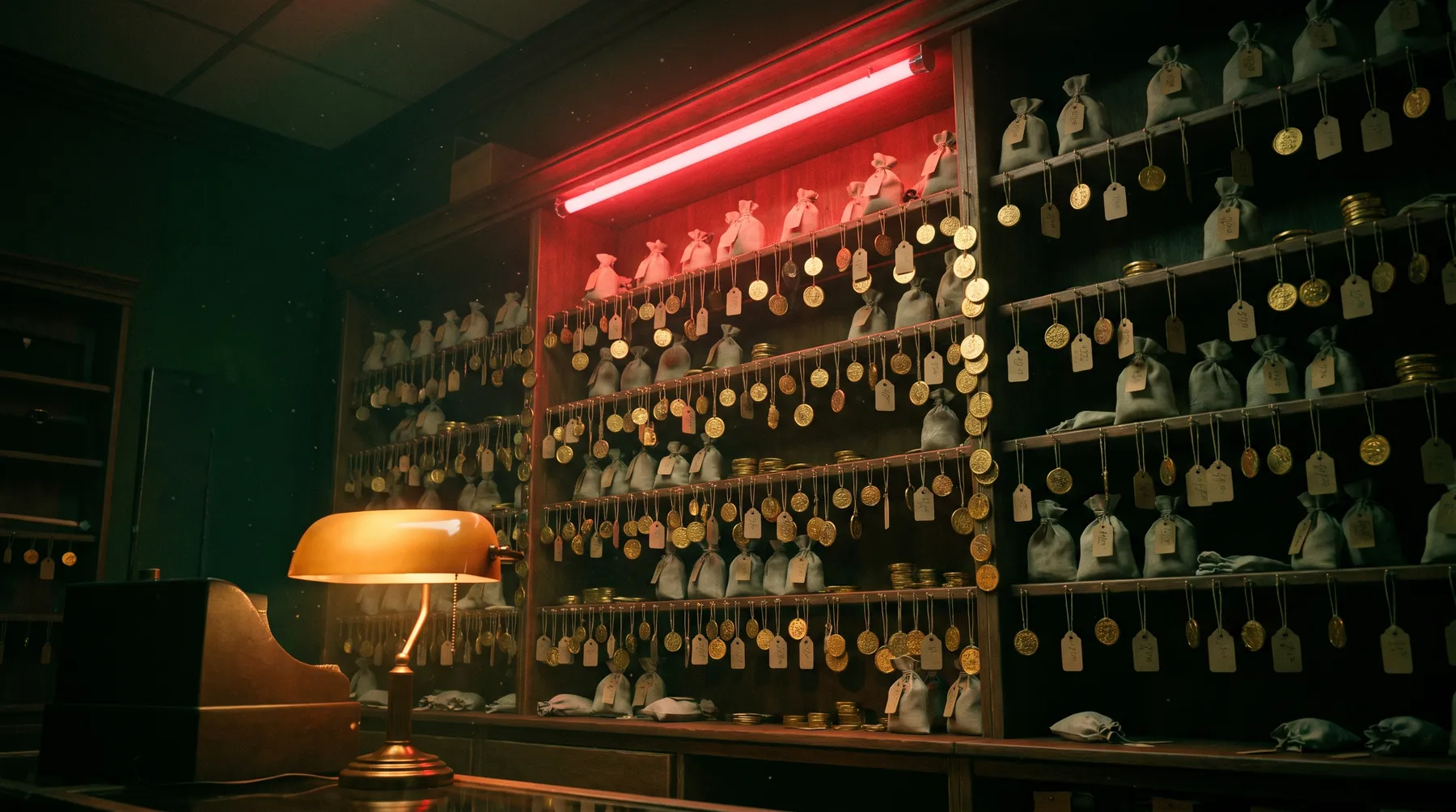 Pawn shop shelves full of tagged coins